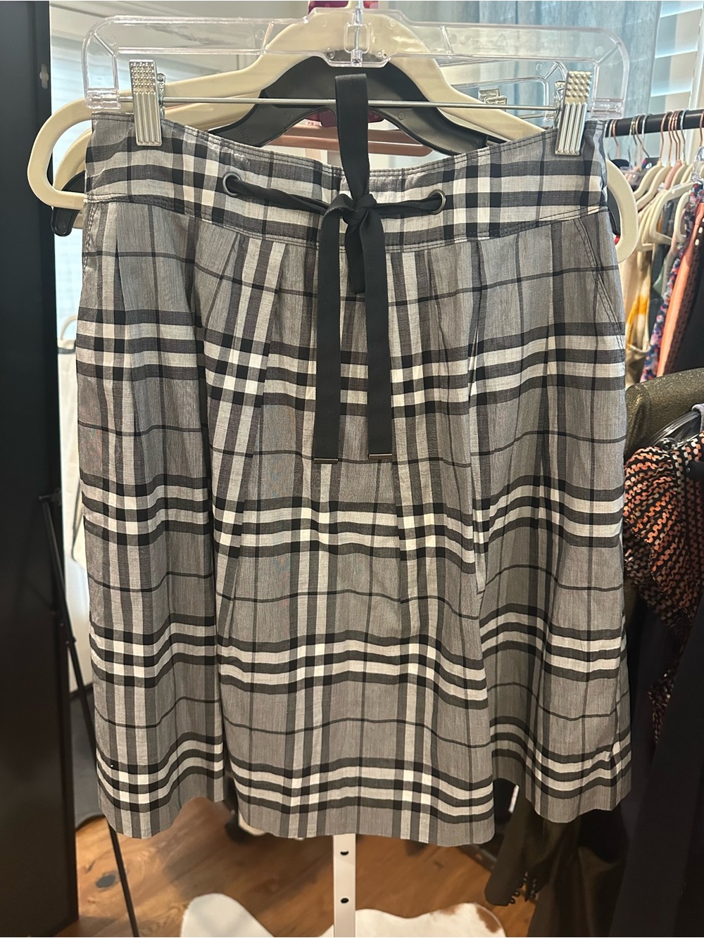 Burberry Classic Gray Plaid A-Line Skirt - Black Tie Waist